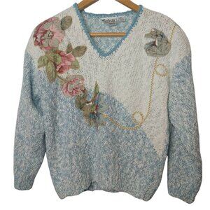 Vintage Exclusive Imports Womens S Sweater Blue White Floral Embellished Retro